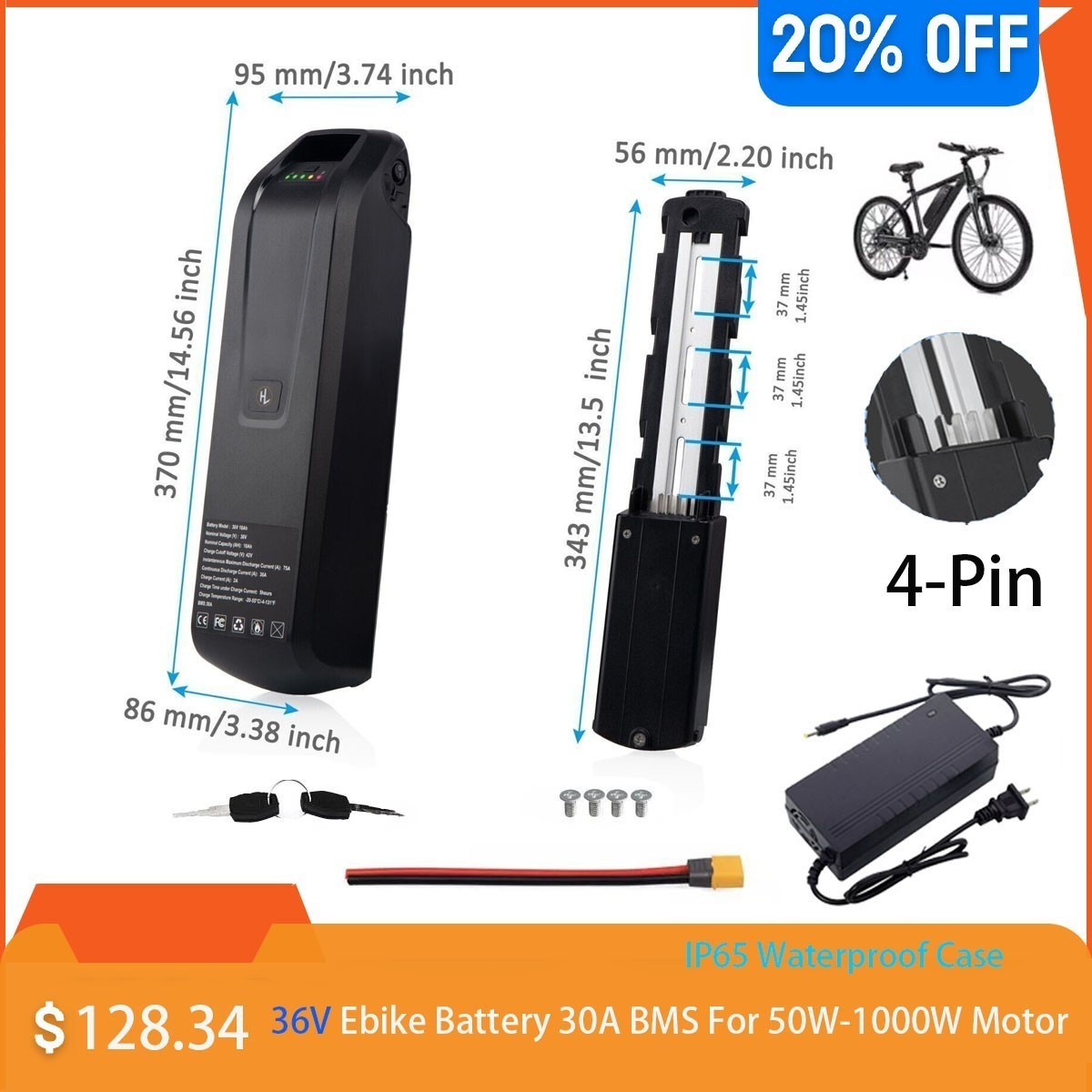 36V 10Ah Li-ion Ebike Battery With 4-Pin Base for 0-1000W Electric Bike Motor