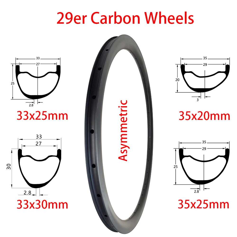 29er XC MTB Carbon Fiber Rims Asymmetry Tubeless Clincher Hookless Bicycle Wheel