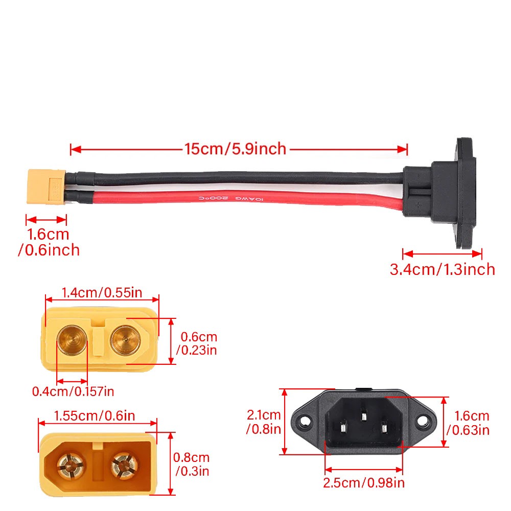 XT60/XT90 to C14 3-pin 10AWG Male Female Power Socket E-bike Charging Cable