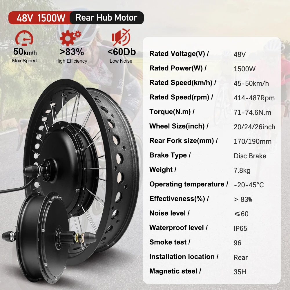 Snow Fat Tire Electric Bike 48V 1500W 20/24/26in Brushless Rear Wheel Hub Motor