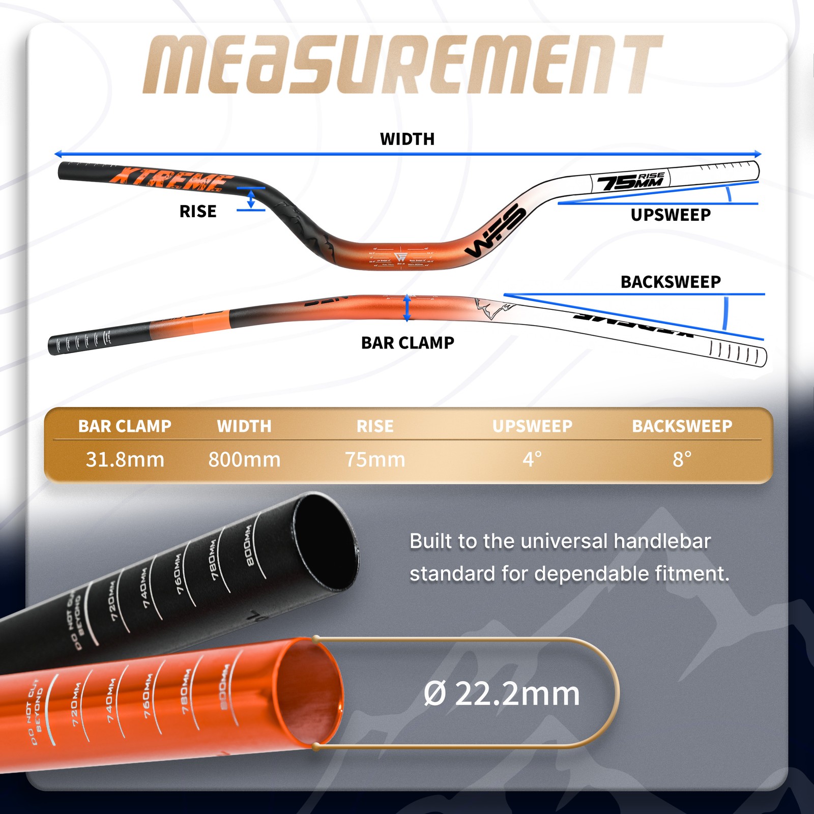 WFS Xtreme 31.8 x 800mm Handlebar 75mm Rise, Black x Orange