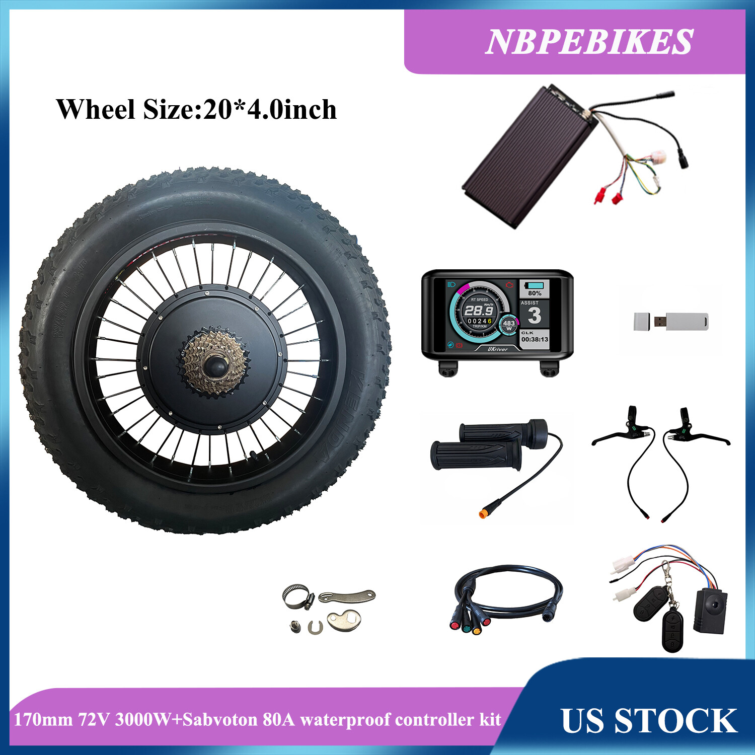 US Stock:170mm 72V 3000W hub motor wheel+Sabvoton 80A waterproof controller kit.