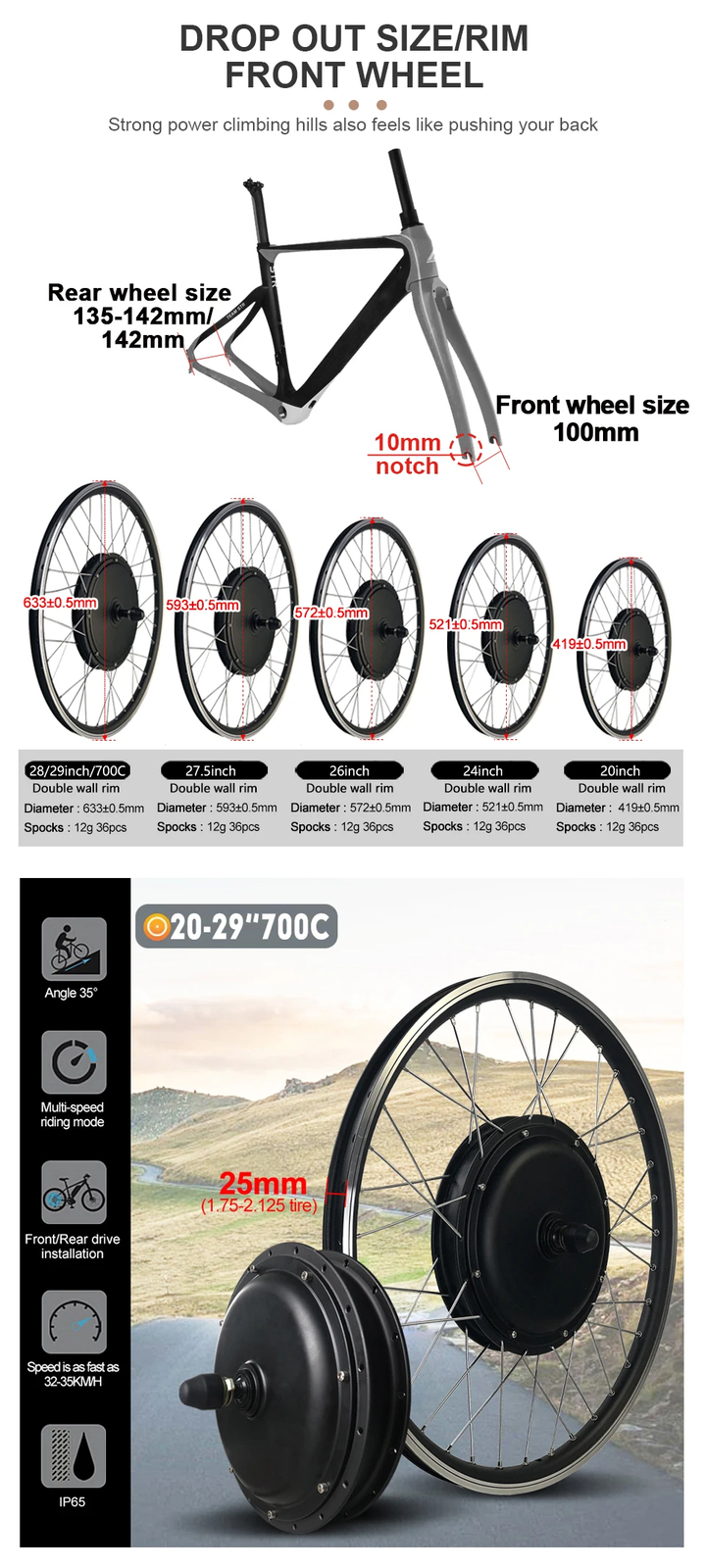 20-29 Inch 700C Electric Bike 36/48V 500W Brushless Front Rear Wheel Hub Motor
