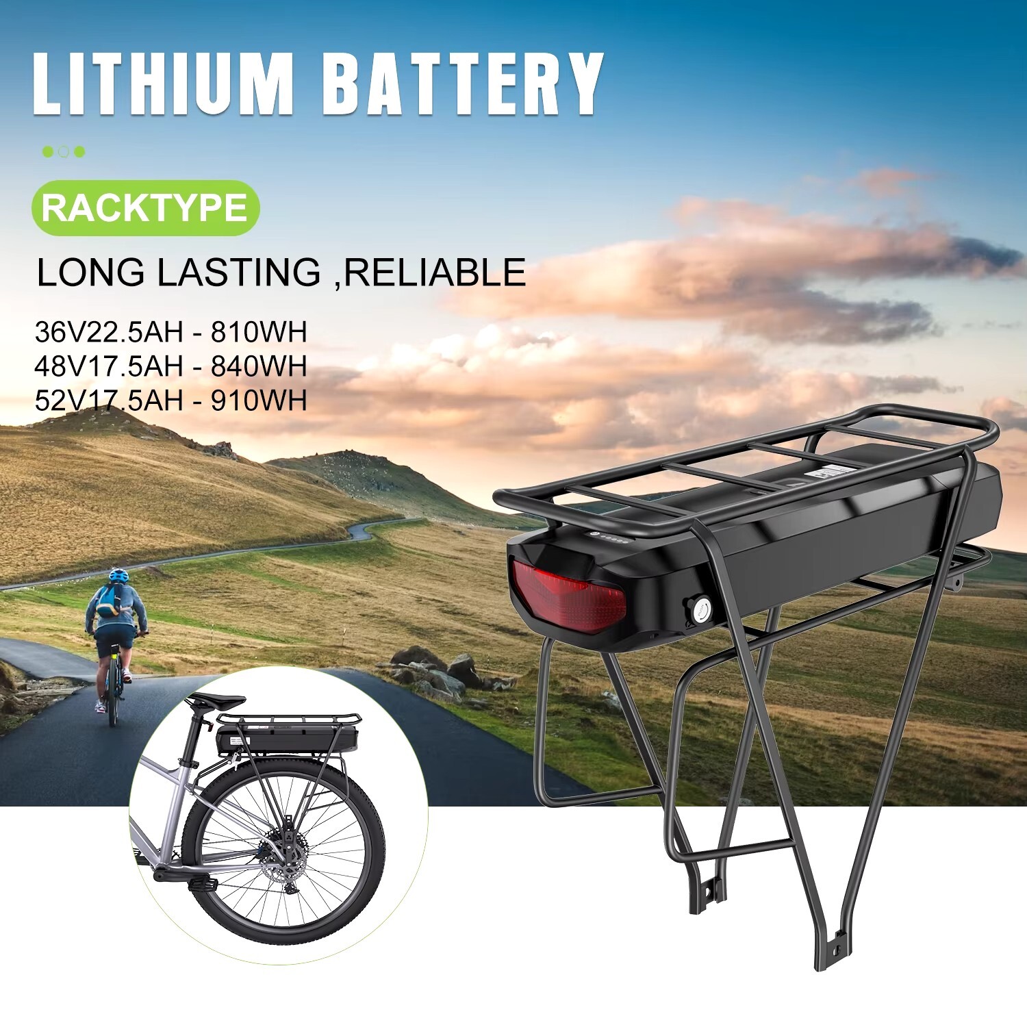 48V Electric Bike Battery 17.5Ah Rear rack Lithium Battery