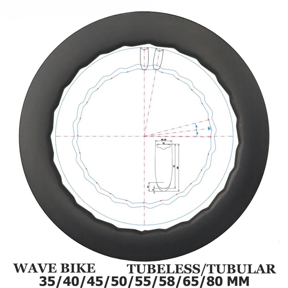 700C 1 pcs Wave Bike Carbon Rims 28mm Width Tubeless Tubular 35-80mm Depth