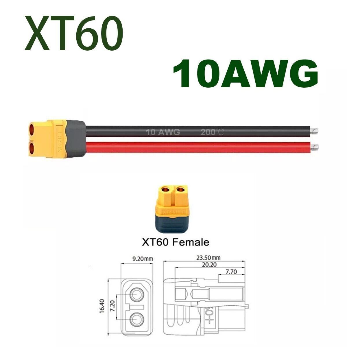 100mm 10 AWG XT60 Female Plug Extension Cable Wire for Ebike Lipo Li-Ion Battery