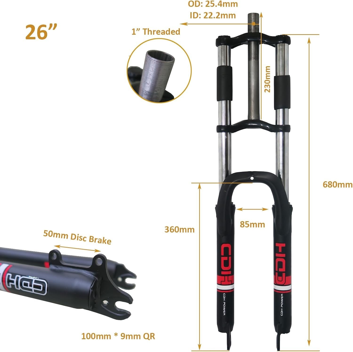 26″ Suspension Bicycle Fork 1″ Threaded 25.4mm Tube Double Shoulder Triple Tree