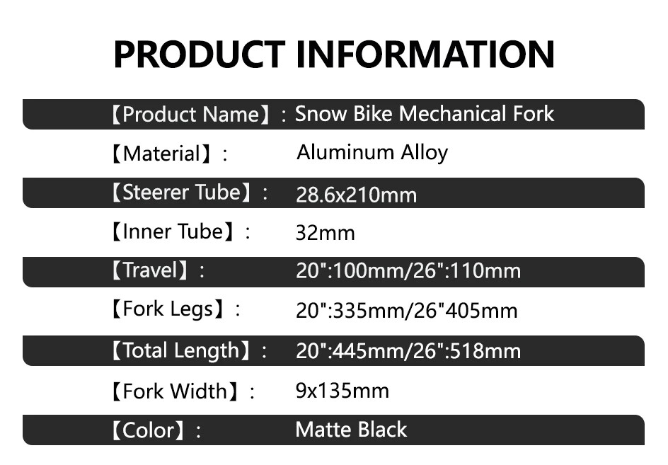 20/26inch 4.0 Fat Tire MTB Snow Bicycle Mechanical Supension Fork Travel 9x135mm