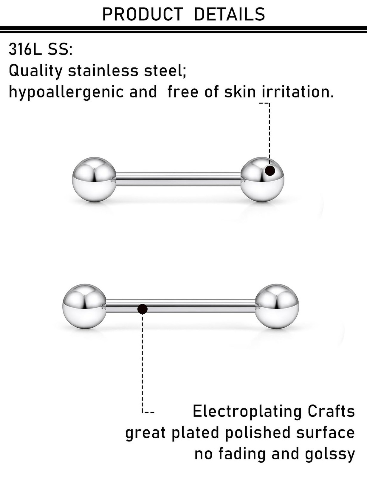 16G 14G 12G Nipple Piercings Tongue Rings Externally/Internally Threaded Hypo…