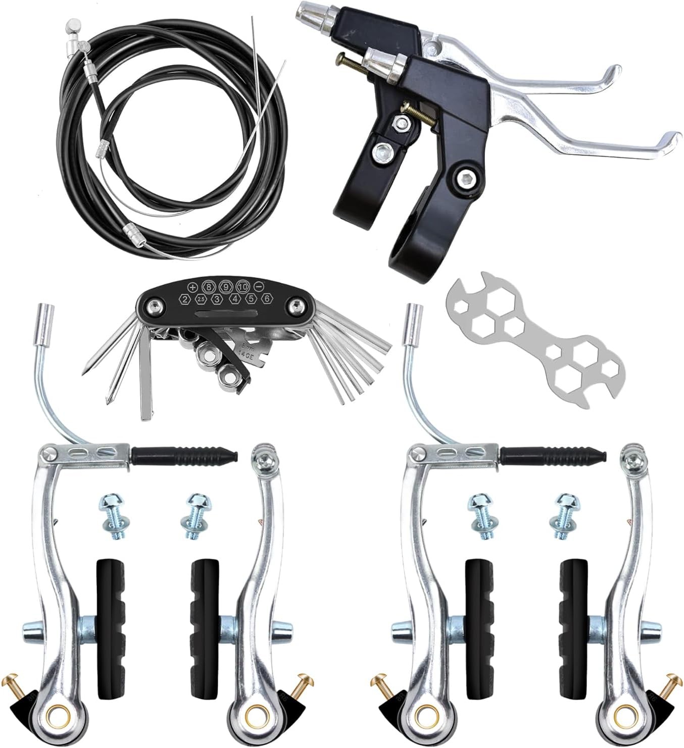 V-Type Bike Brake Set, Complete Universal Front and Rear MTB Sliver