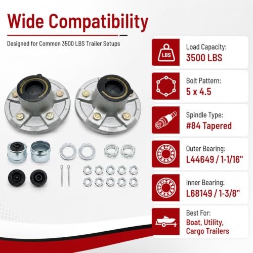 Galvanized Trailer Hub Kit 5 on 4.5 in – Compatible with 3500 LBS 1-1/16 in to