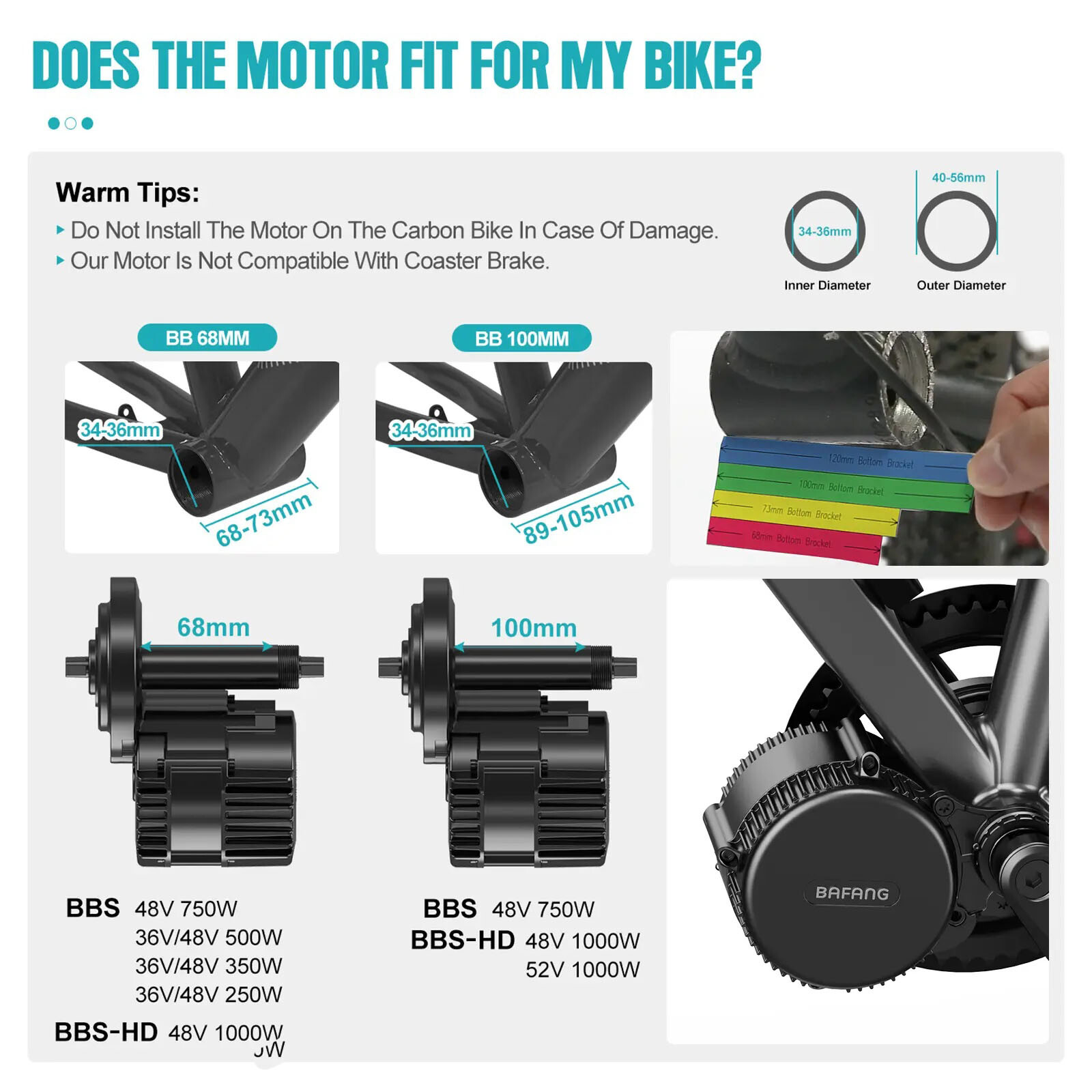 48V 500W 750W 1000W Bafang Mid Motor Kit 68-120mm Electric Bike Conversion Kits