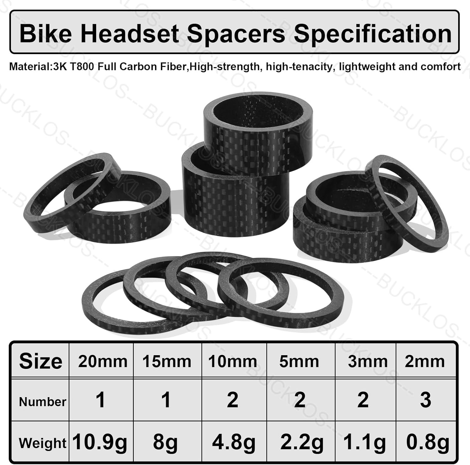 BUCKLOS 11PCS Headset Spacer Bike 1-1/8 Fork Stem Aluminum Carbon Fiber Washer –