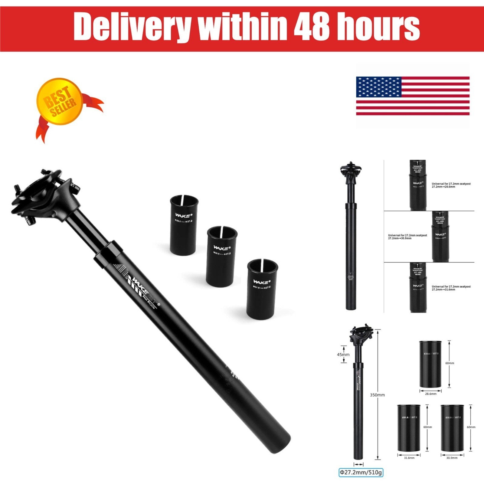 CYSKY Bike Suspension Seatpost 27.2mm x 350mm with Shims for MTB