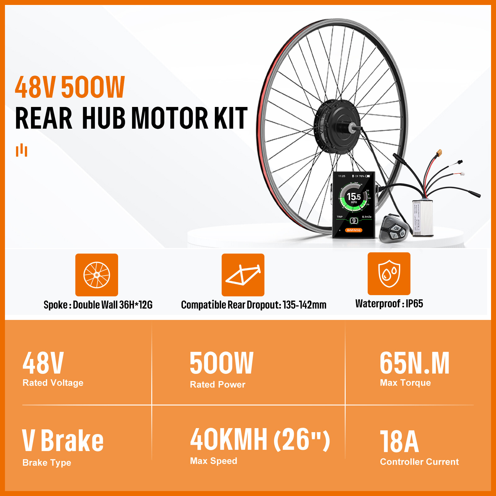 Bafang 26″ 27.5″ 700C 48V 500W Electric Bicycle Rear Hub Wheel Motor V-Brake