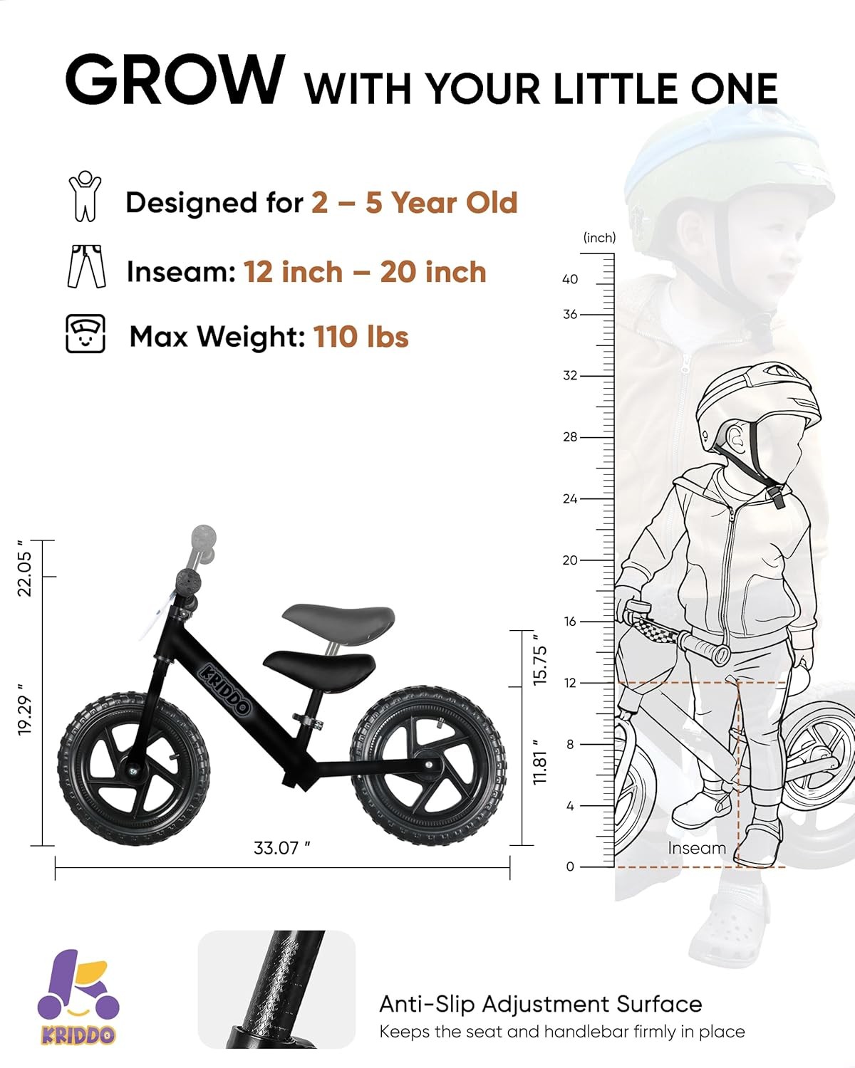 KRIDDO Toddler Balance Bike 2 Year Old, Age 24 Months to 5 Years Matte Black