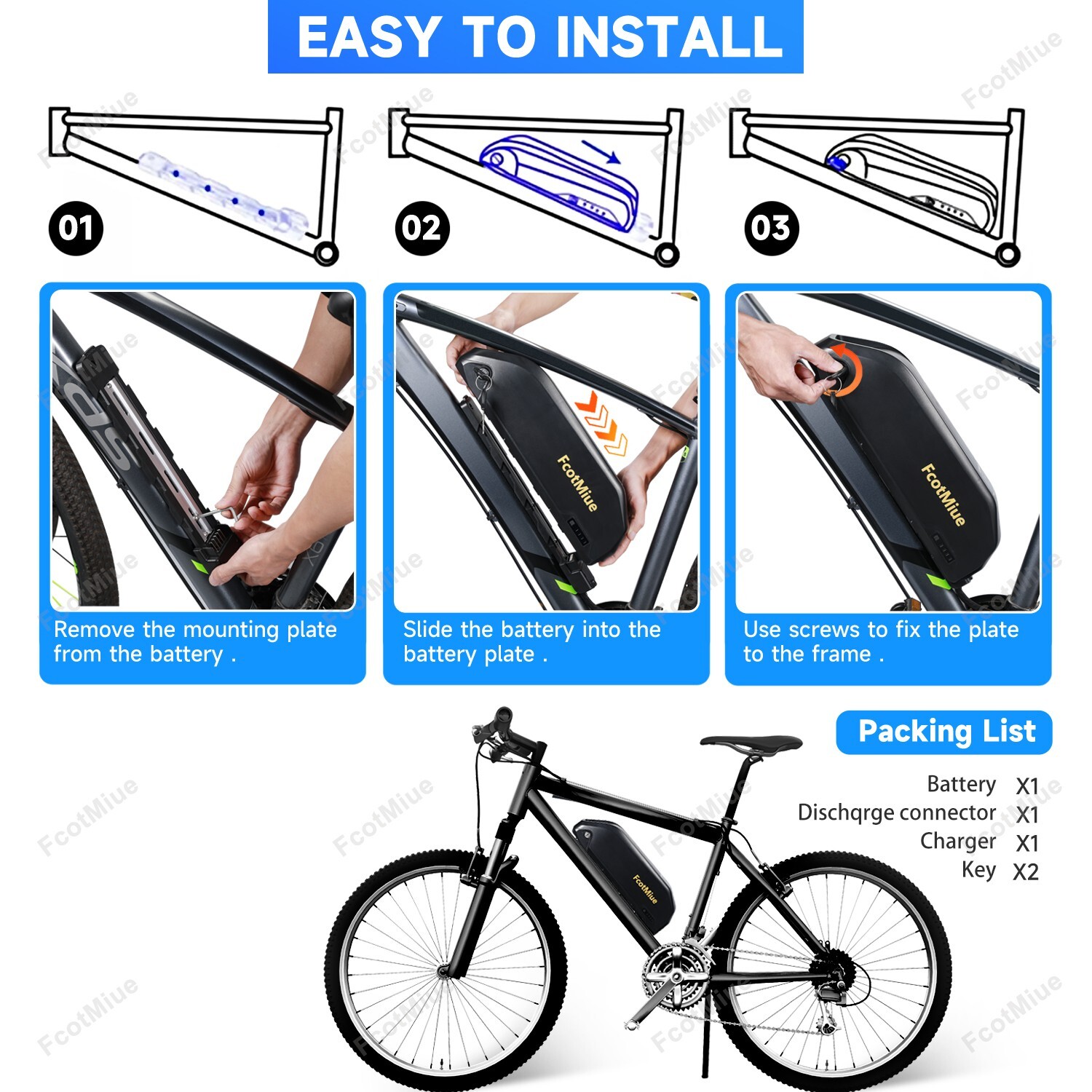 Ebike Battery 48V 13Ah for Electric Bike Down Tube Lithium ion Batteries 0-1000W