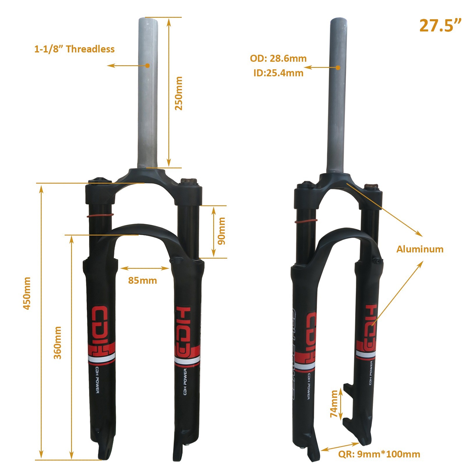 27.5 inch Bicycle Suspension Fork 28.6mm Threadless Single Shoulder Disc 1-1/8″