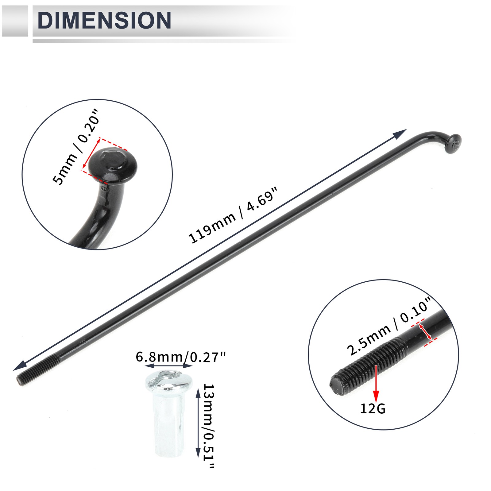 1 Set 12G 119mm Length Bicycle Spokes Nipple Carbon Steel Black Universal