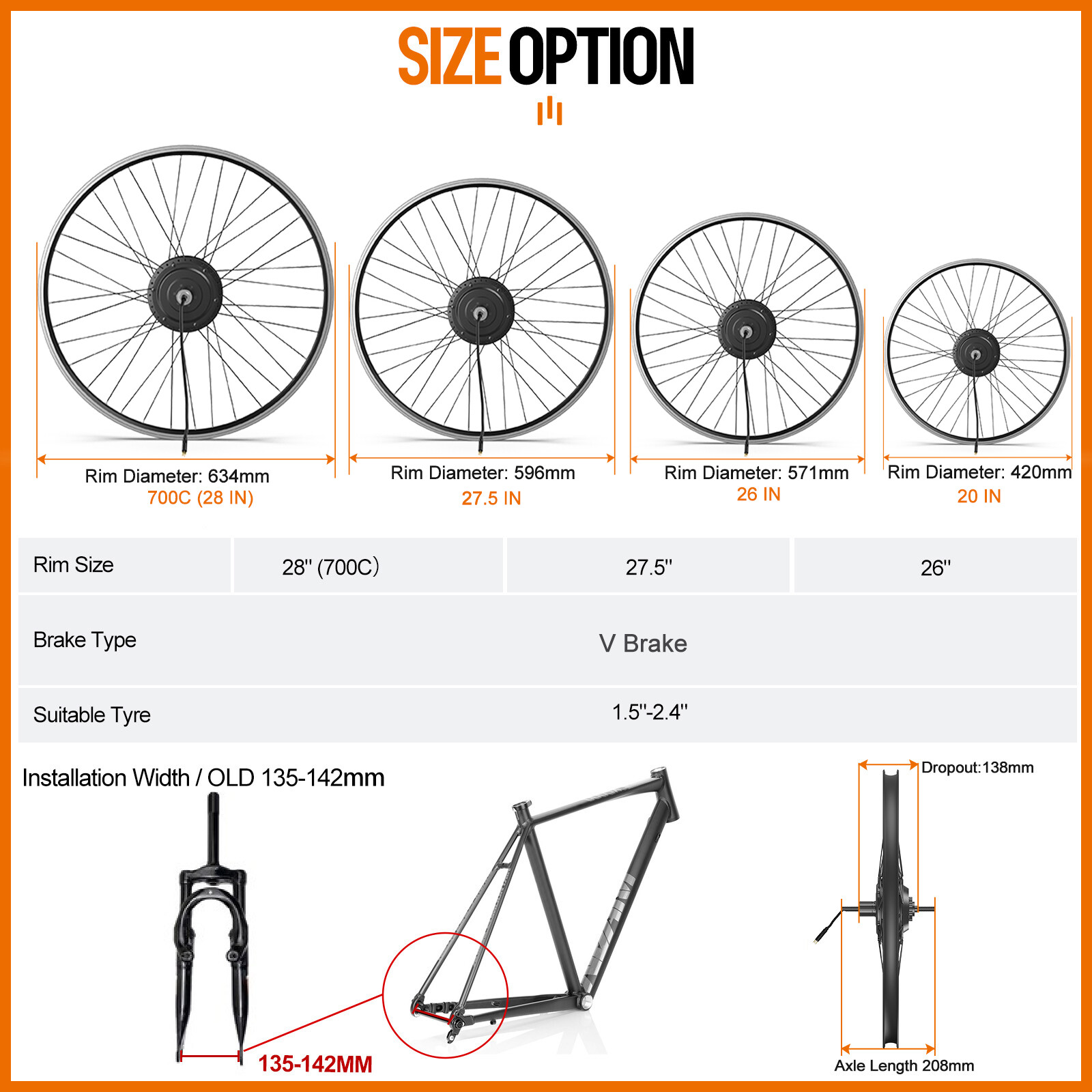 Bafang 26″ 27.5″ 700C 48V 500W Electric Bicycle Rear Hub Wheel Motor V-Brake