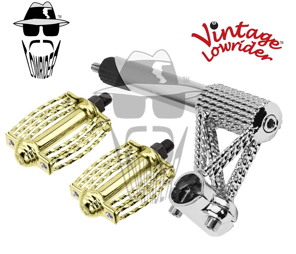 Vtg Line Twisted 22.2 Stem Chrome & Round Triple Square Twisted 1/2 Pedals Gold