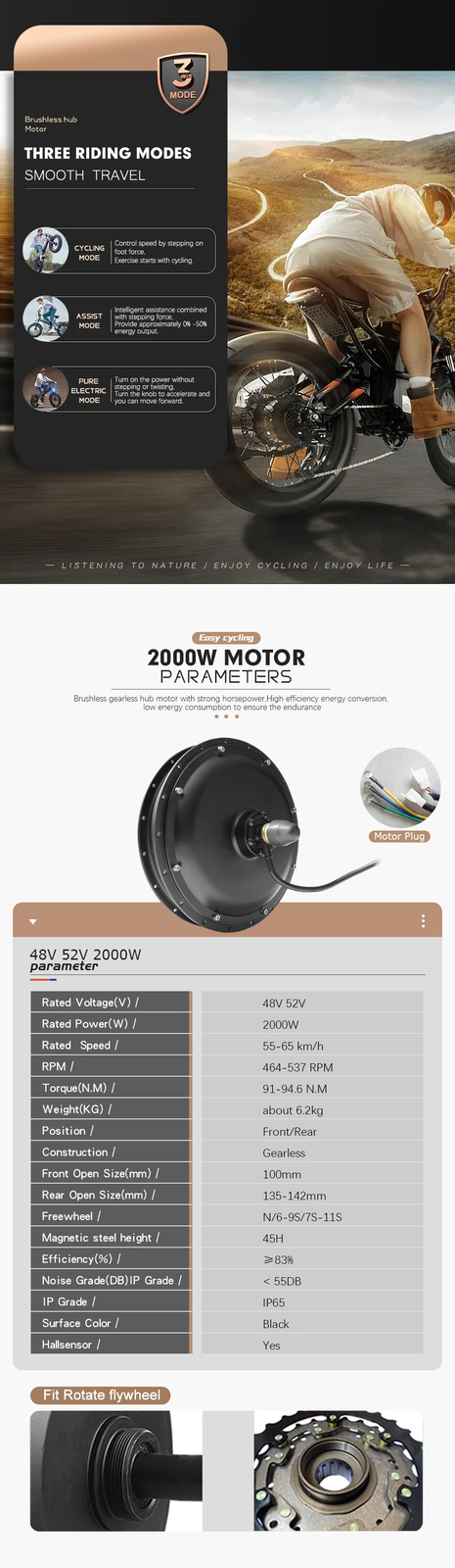 MTB Electric Bicycle 48V 52V 2000W Front Rear Brushless Non-gear Hub Motor Wheel