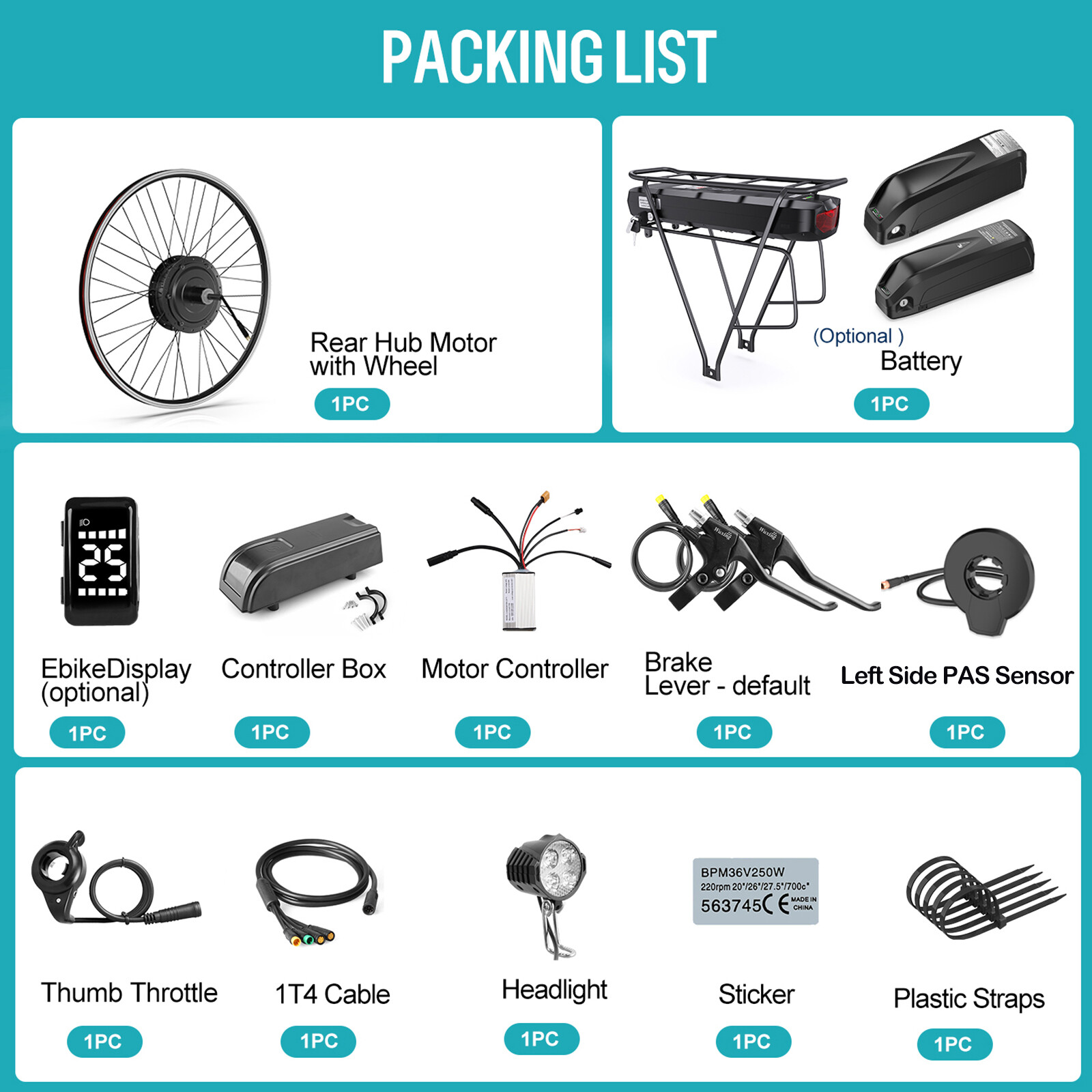 48V 500W Electric Bicycle 26″ 27.5″ 700C Rear Wheel Motor E-bike Conversion Kit