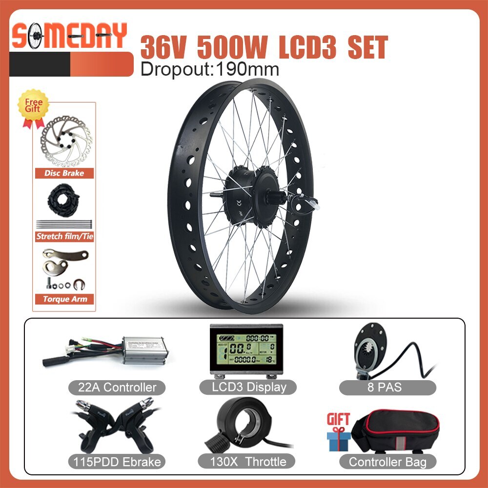 Snow Fat Bike E-Conversion Kit 20/26in 36V 48V 500W Rear Cassette Hub Motor Kit