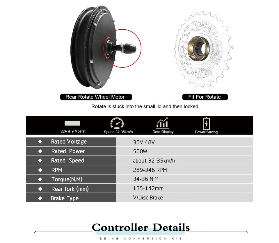 36V 48V 500W Rear Rotate Brushless Gearless Hub Motor 20-29in 700C for MTB Ebike