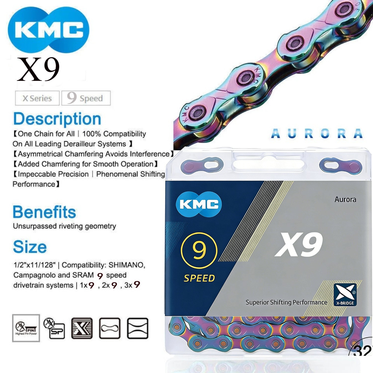 KMC 9 Speed X9 Colorful Bicycle MTB Road Bike Chains Quick 116L For Shimano