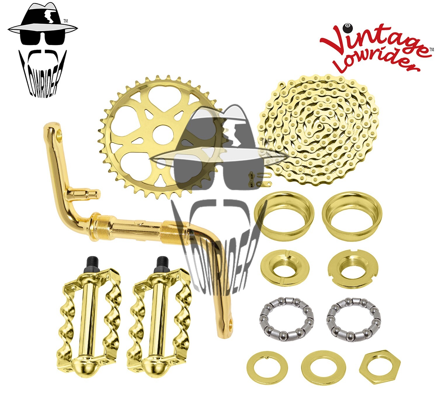 VINTAGE LOWRIDER – Regular CRANK PKG – Lucky 7 Flat Twisted Pedal Gold.