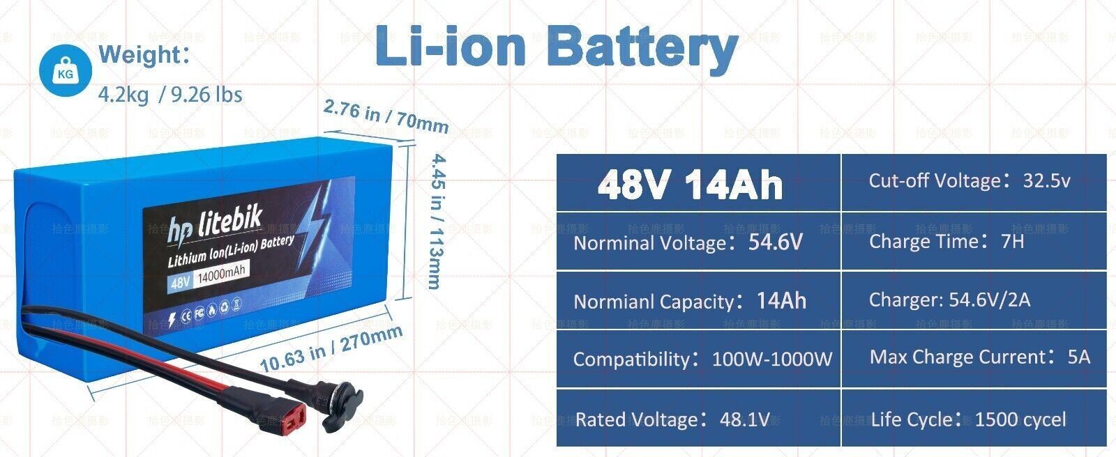48V 14Ah Lithium ebike Battery for 200W-1500W Bicycle Electric Bike Scooter BMS