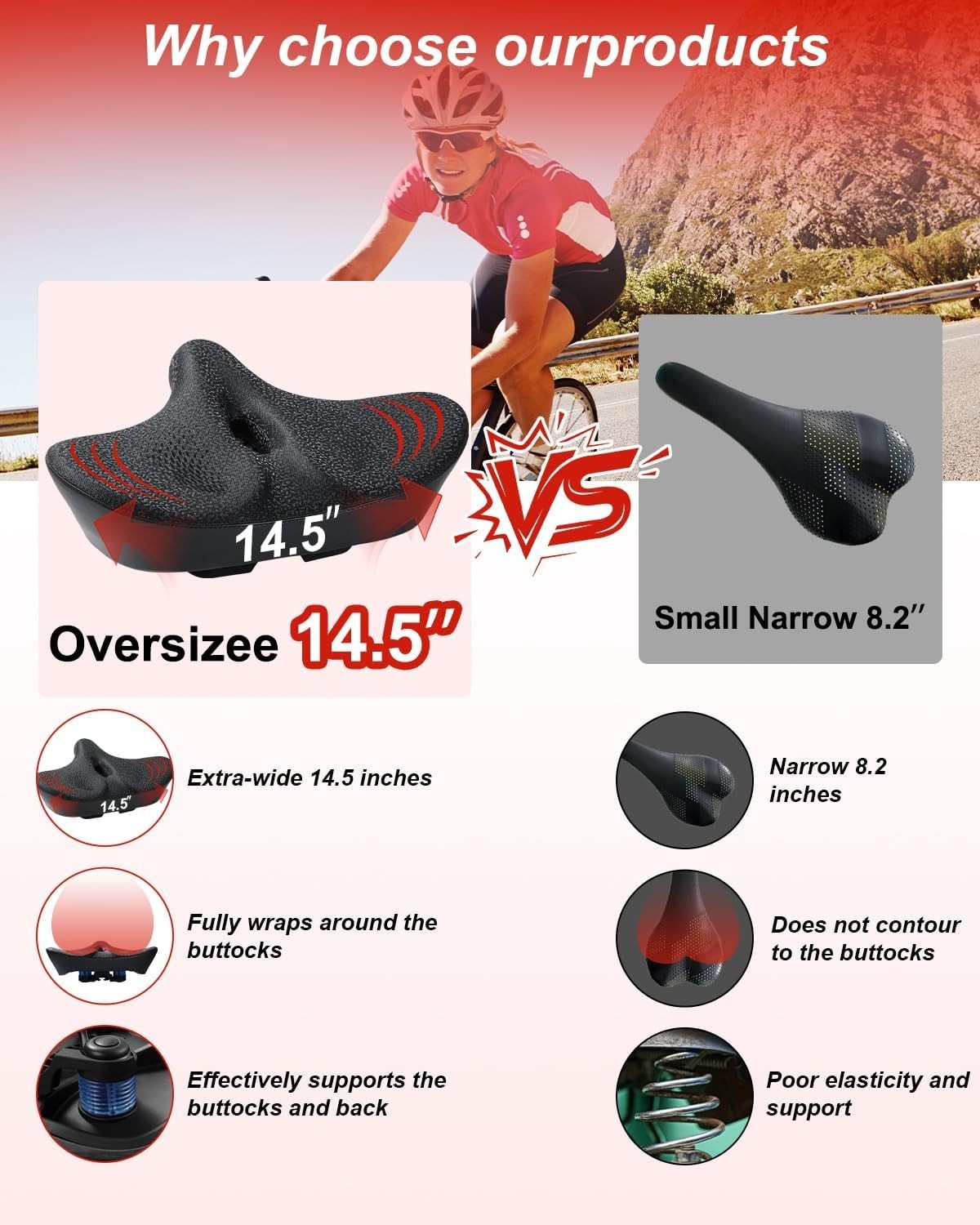 2026 NEW Oversized Bike Seat for Men and Women, Extra Wide Bicycle Seat Cushion,