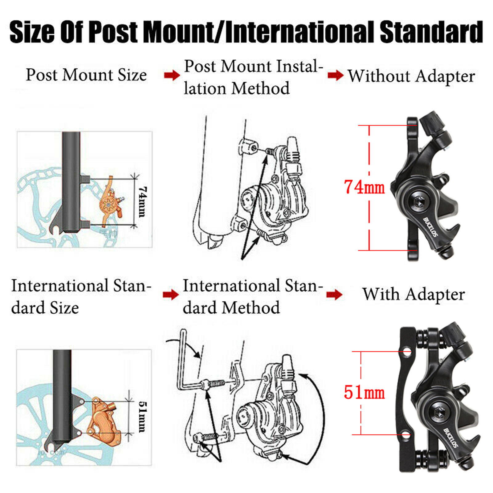 BUCKLOS Mechanical Linaer Pull Disc Brake Caliper Mountain Bike Front Rear 160mm