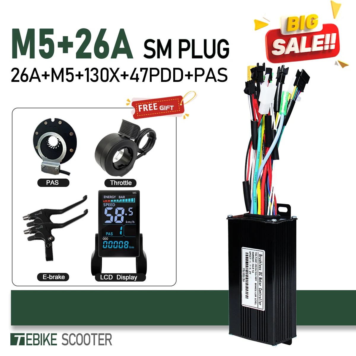 E-bike Sine Wave 3 Mode Controller Set 17A 26A 30A 40A with Color M5 Display
