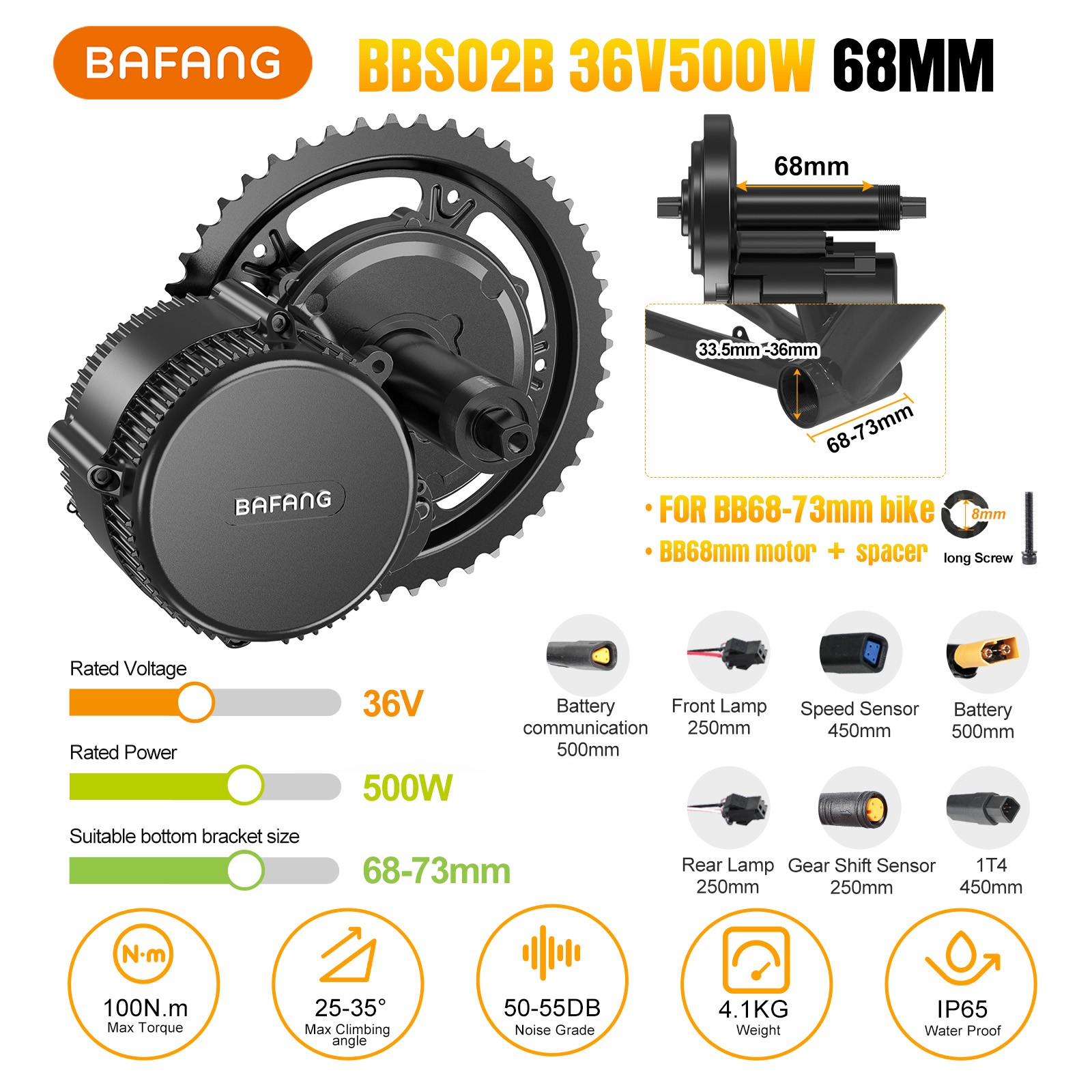 36V500W68-73mm BAFANG Mid Drive Motor BBS02B DIY Bicycle EBike Conversion Kits