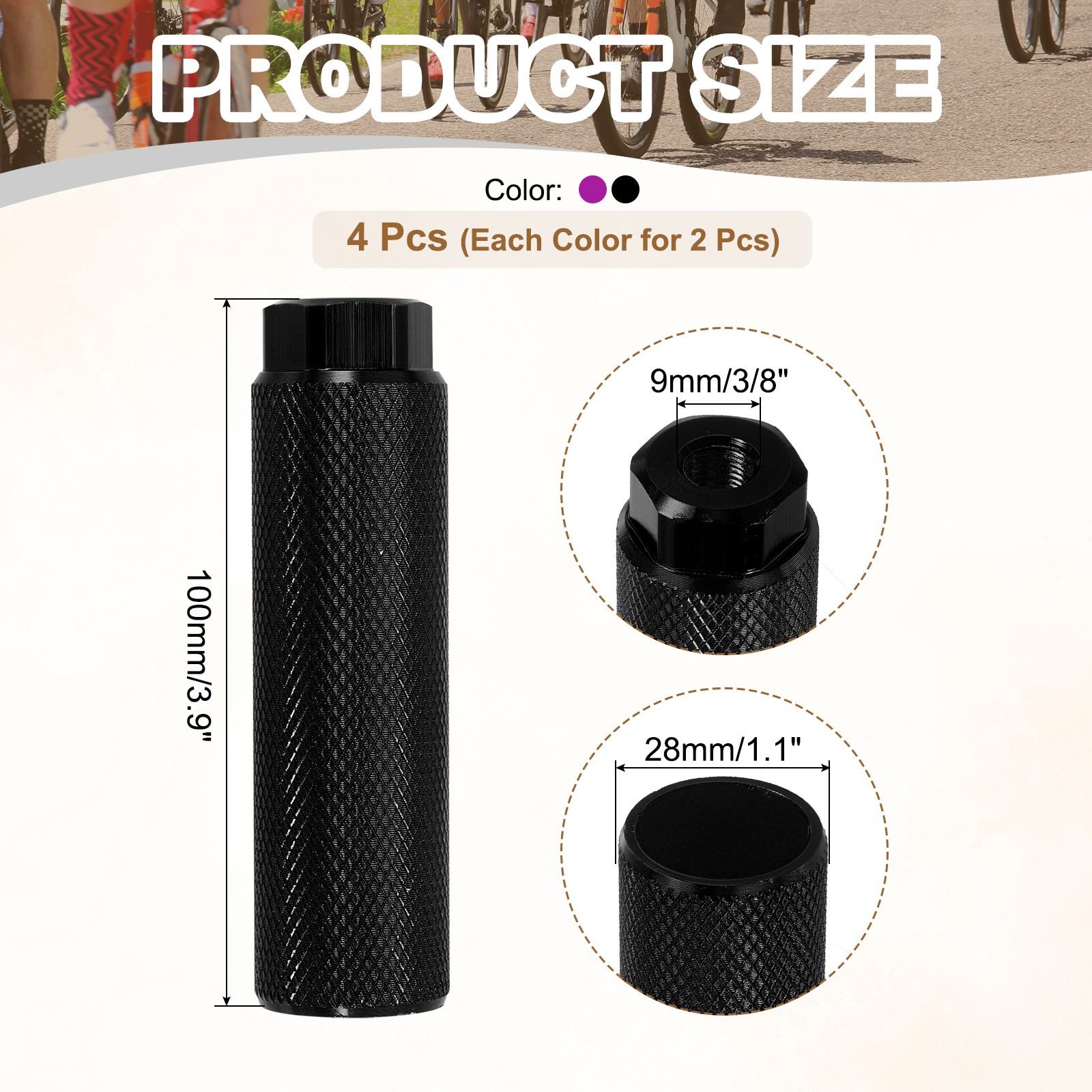 4 Pack Aluminum Alloy Bike Pegs Anti-Skid Fit 3/8 Inch Axles Purple/Black