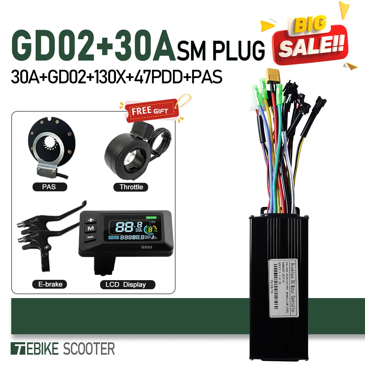 Ebike 3-Mode Sine Wave 17A26A30A40A Controller+Color LCD S866 GD02 Display Set