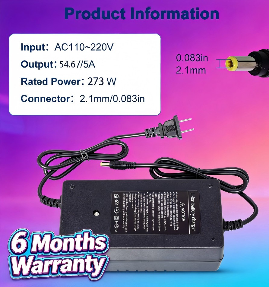 54.6V 5A Adapter Charger 48V Lithium Battery with 5.5mm*2.1mm DC Plug Port 270W