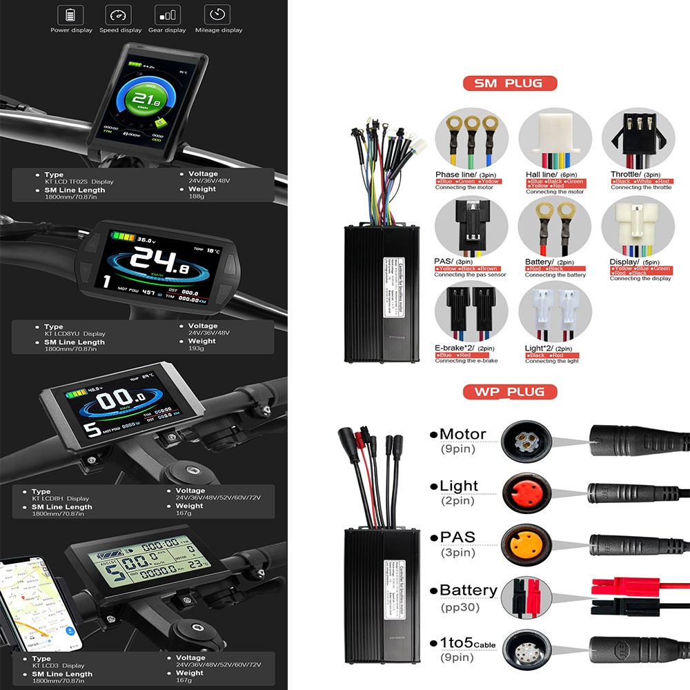 36V/48V/52V E-bike KT 35A Sine Wave Controller w/LCD Display+Thumb Throttle Kits