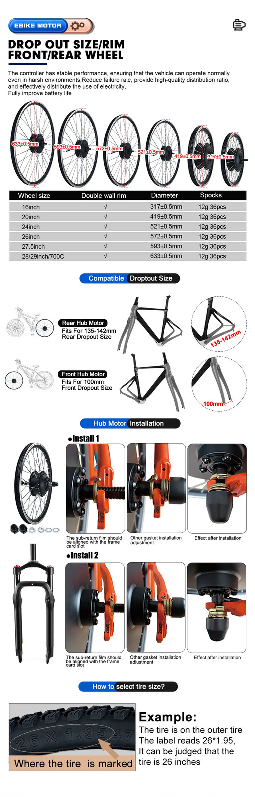 MTB Electric Bike 48V 72V 1000W 1500W 2000W 3000W Front Rear Hub Motor Wheel