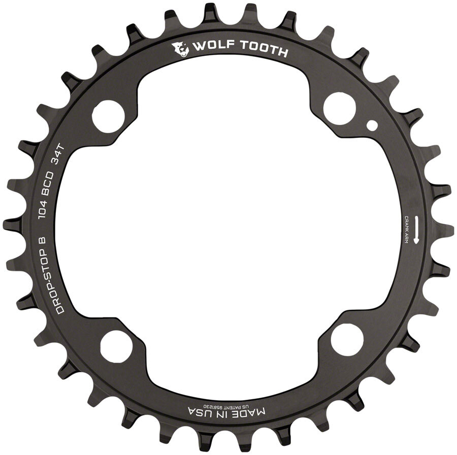 Wolf Tooth 104 BCD Chainring – 34t, 104 BCD, 4-Bolt, Drop-Stop B, Black