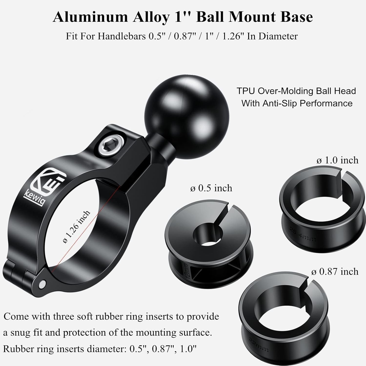 Aluminum Alloy Handlebar Mount Base w/1” TPU Ball for Round Rail Diameter 0.5”