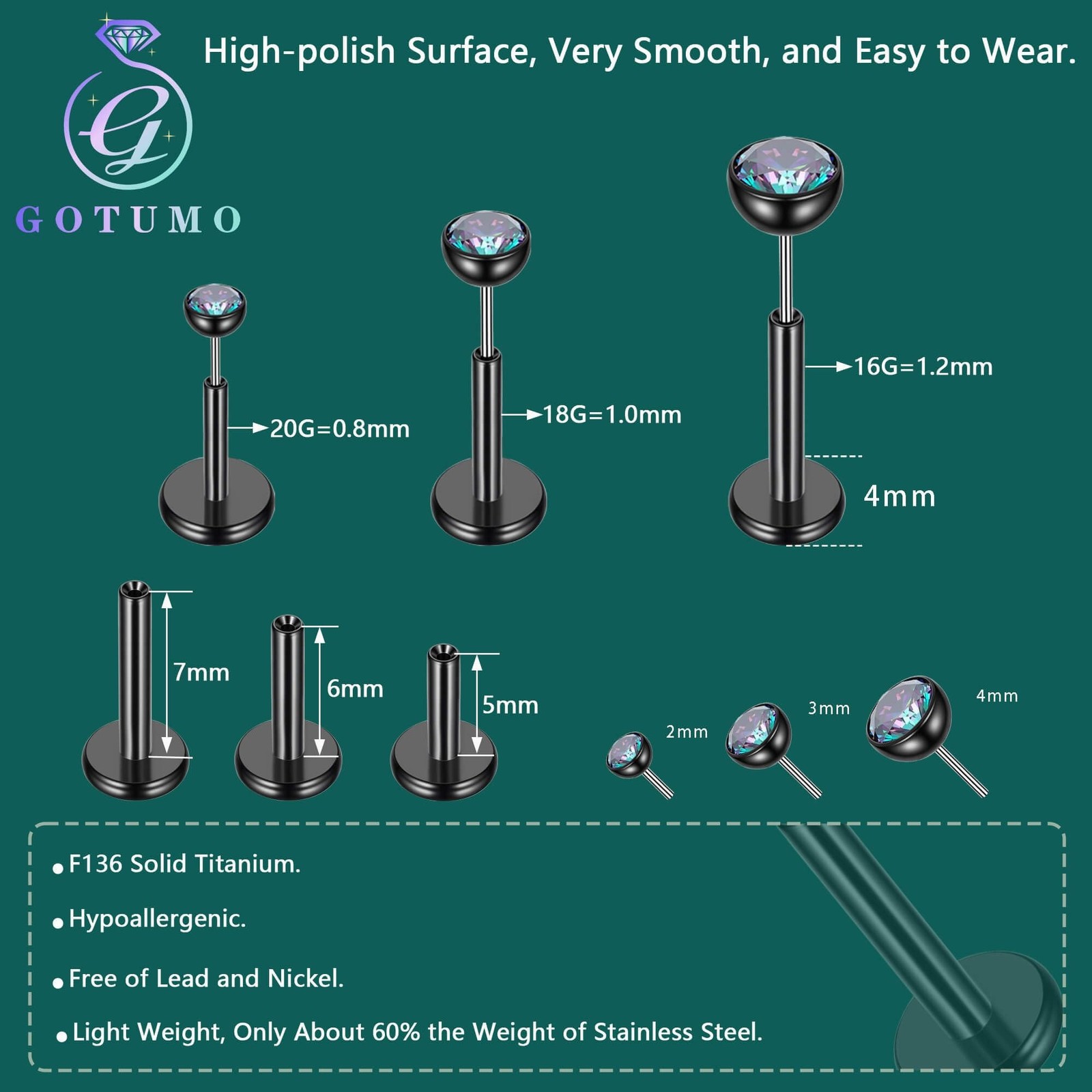 Gotumo 16G 18G 20G Flat Back Earrings Stud Titanium Threadless Nose Rings Tra…