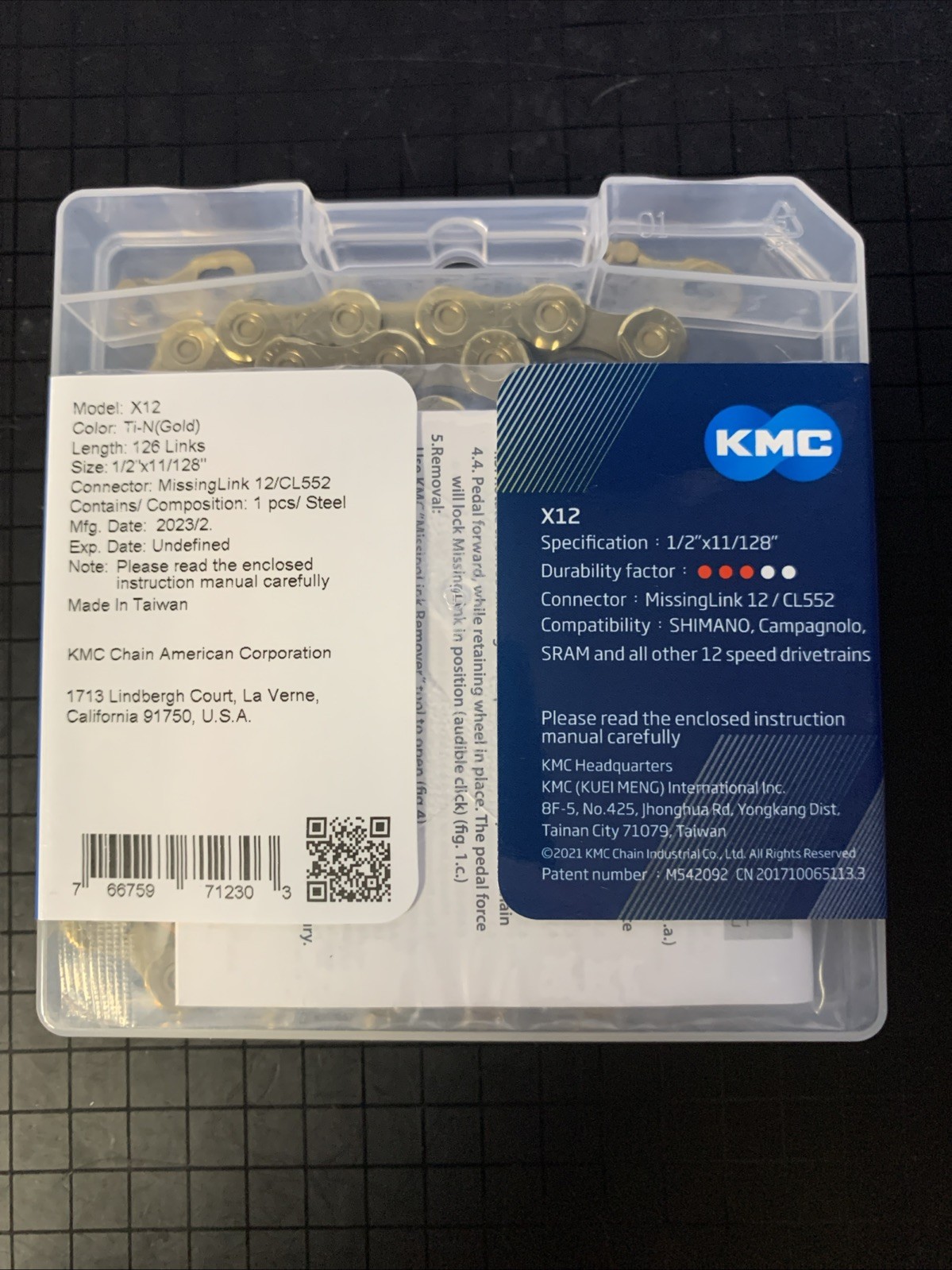 KMC X12 Gold Ti-N 12-Speed Bike Chain 126L fits SRAM GX NX Eagle 12sp Road / MTB