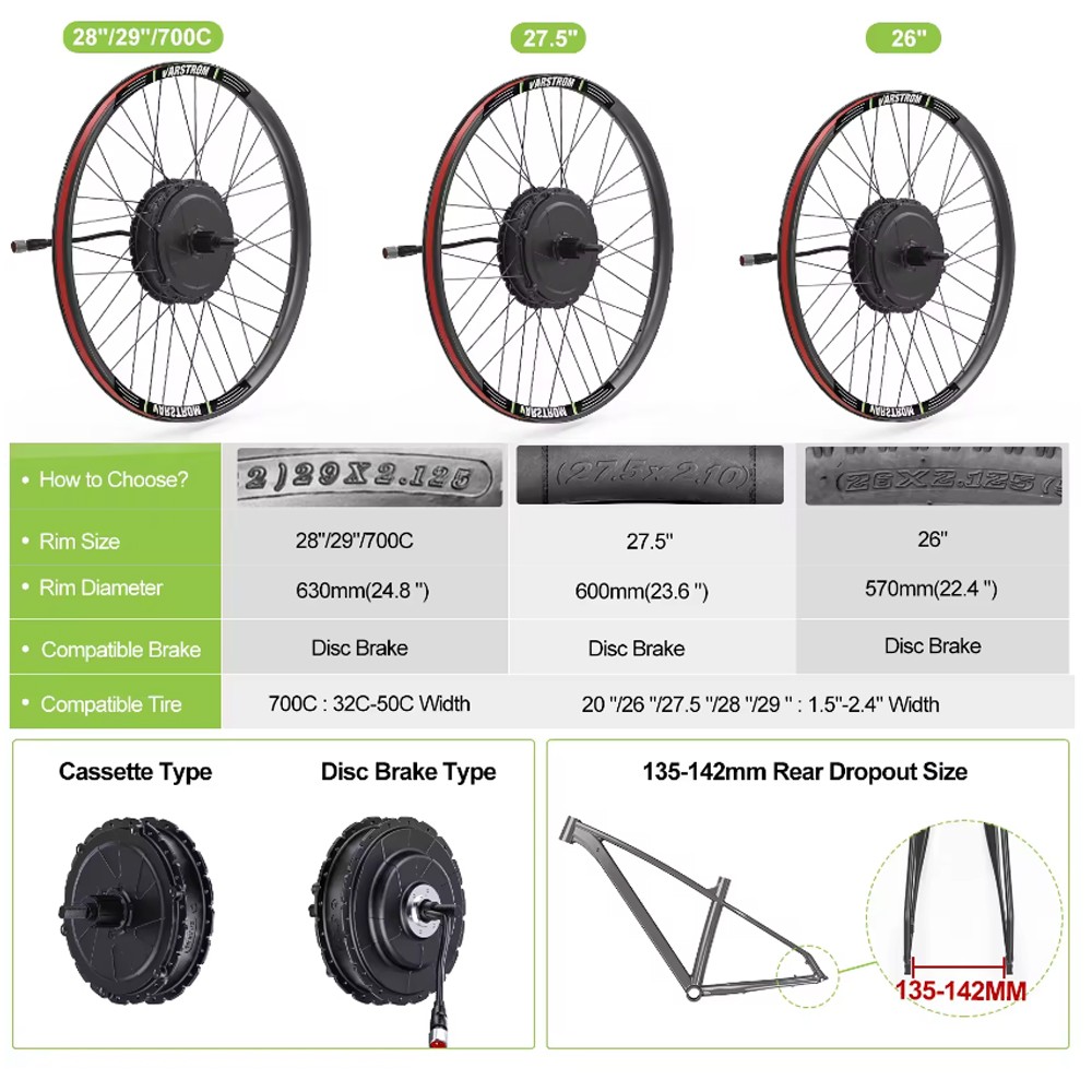 48V1000W Varstrom Rear Wheel Hub Motor Kit 26″27.5″700C eBike Conversion Kits US