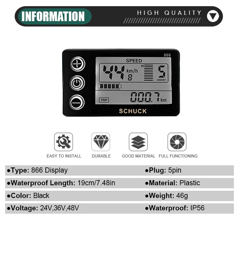 Octagonal Shuke S866 LCD Display with 5-pin Waterproof Female Connector