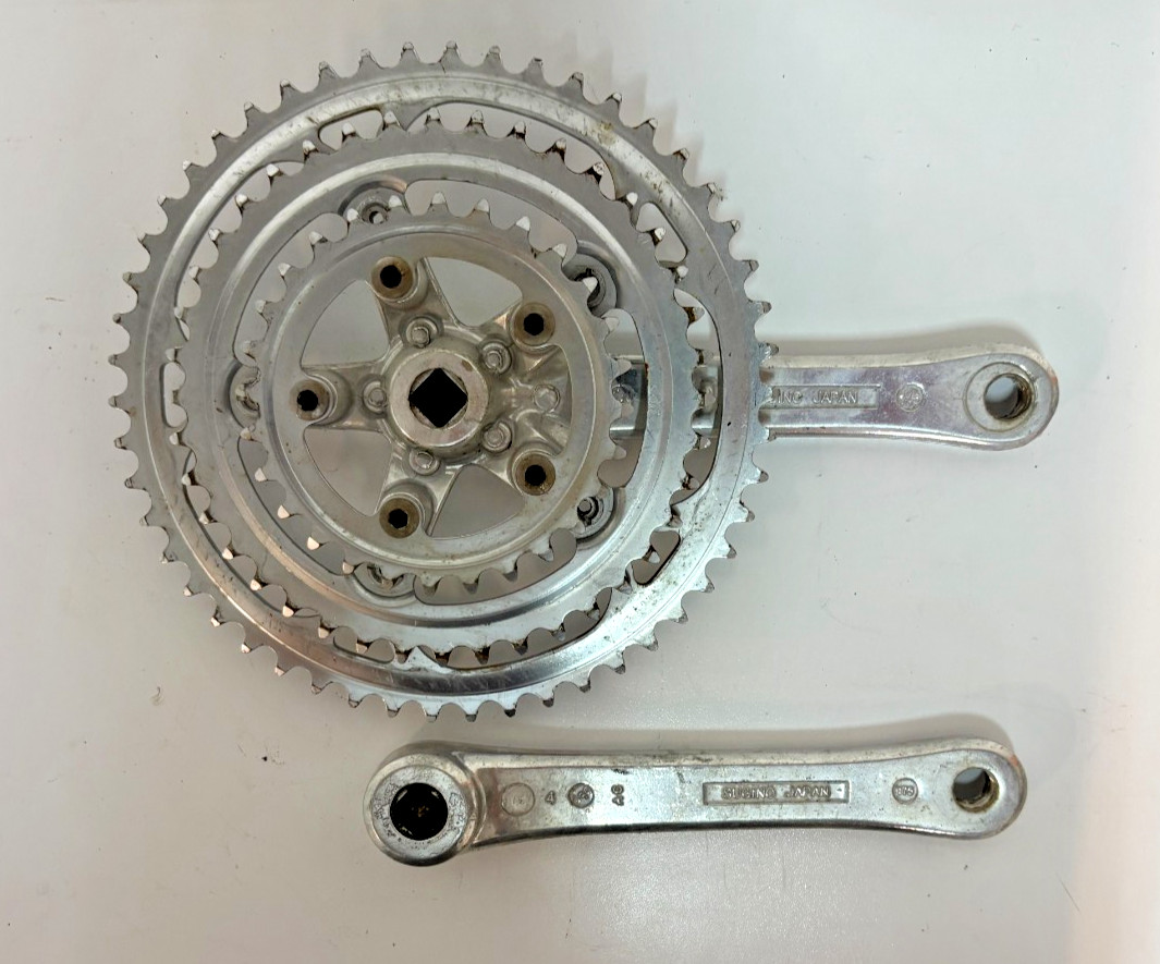 Vintage Sugino 175mm 50/40/28 Silver Aluminum/Steel Touring Triple Crankset Caps