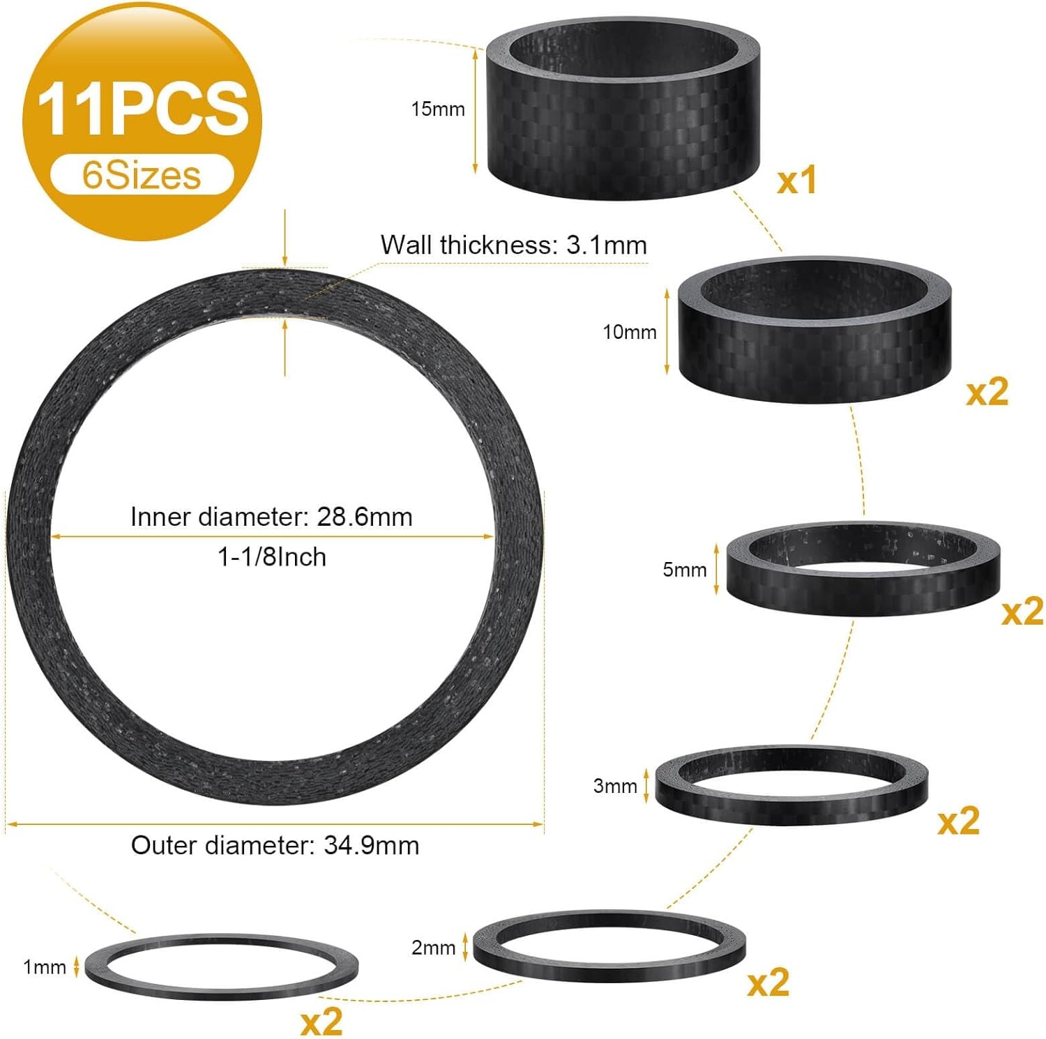 11PCS Bike Carbon Fiber Headset Spacers Matte Finish 1-1/8in Stem 6 Sizes