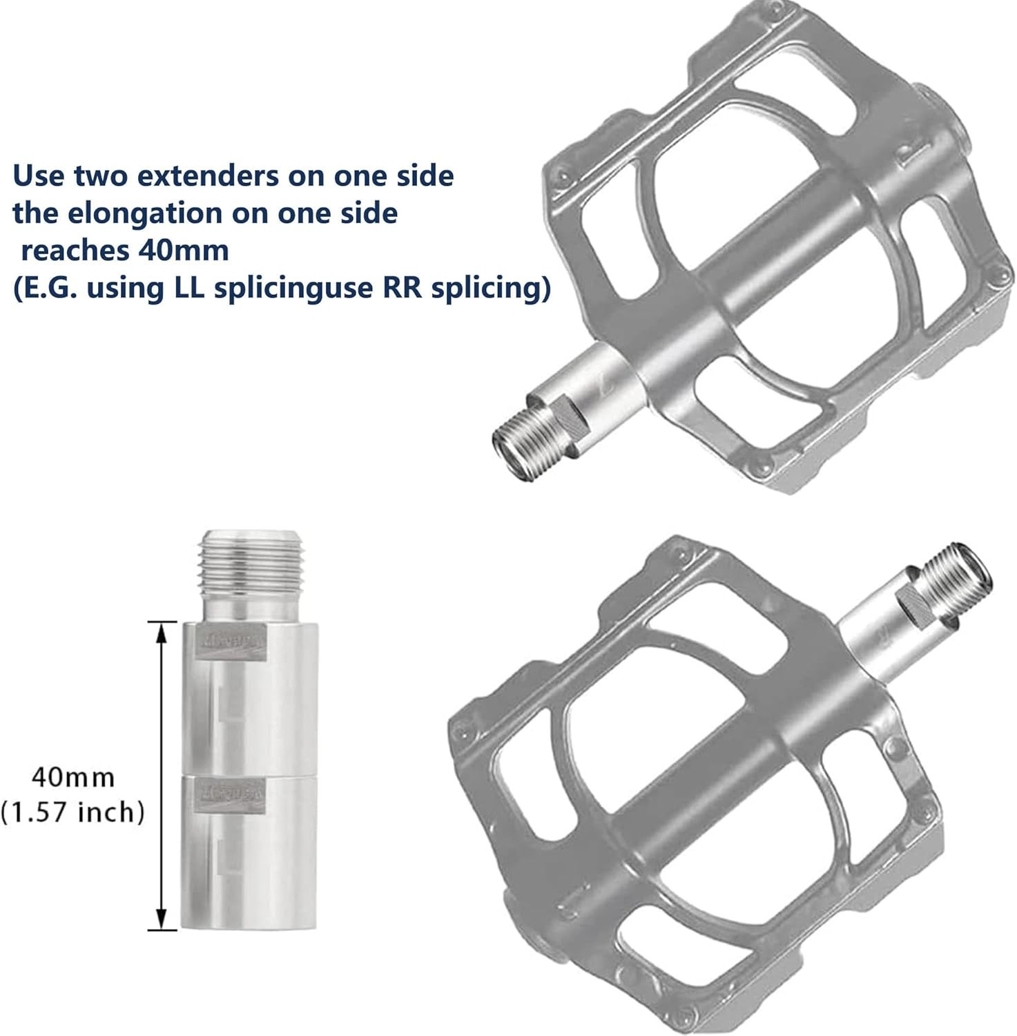 Heavy-Duty Steel Bike Pedal Extenders, 20mm Extension Spacers (1 Pair, Silver)